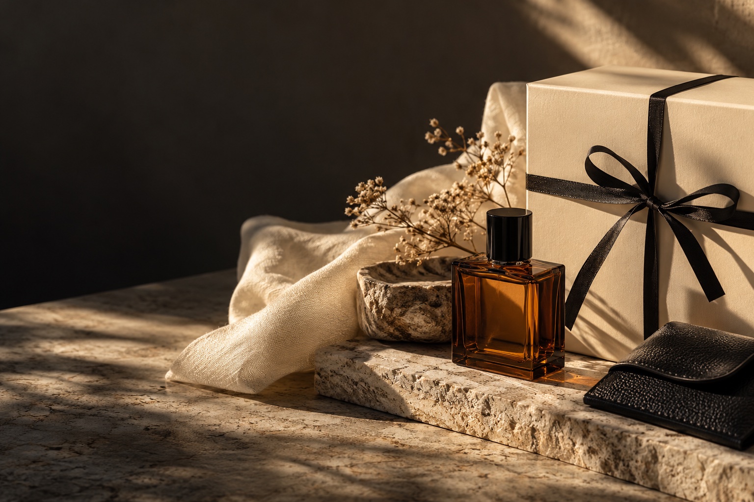 Editorial still life of fragrance and everyday essentials